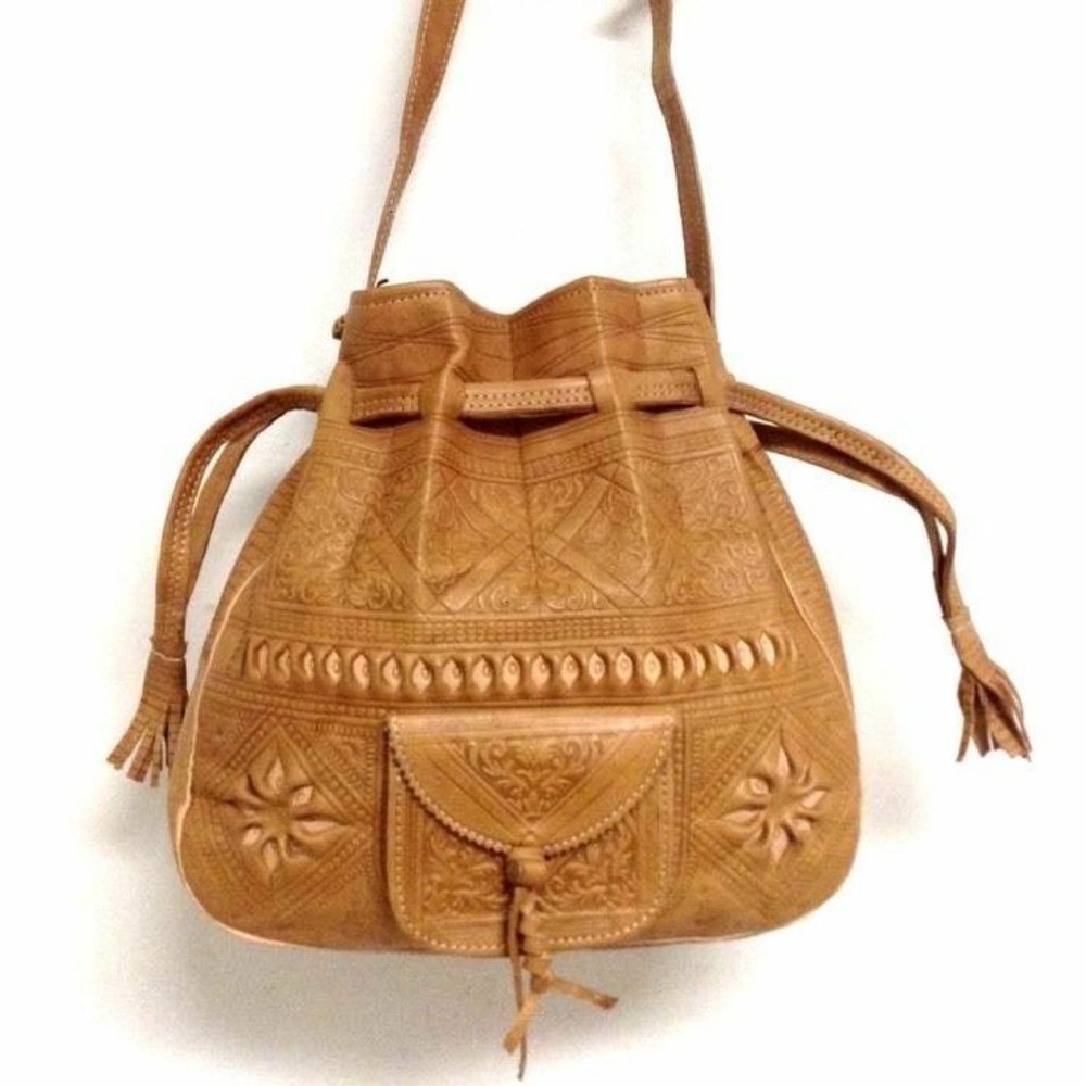 Moroccan Tribal Tan Embossed Leather Hobo Bag